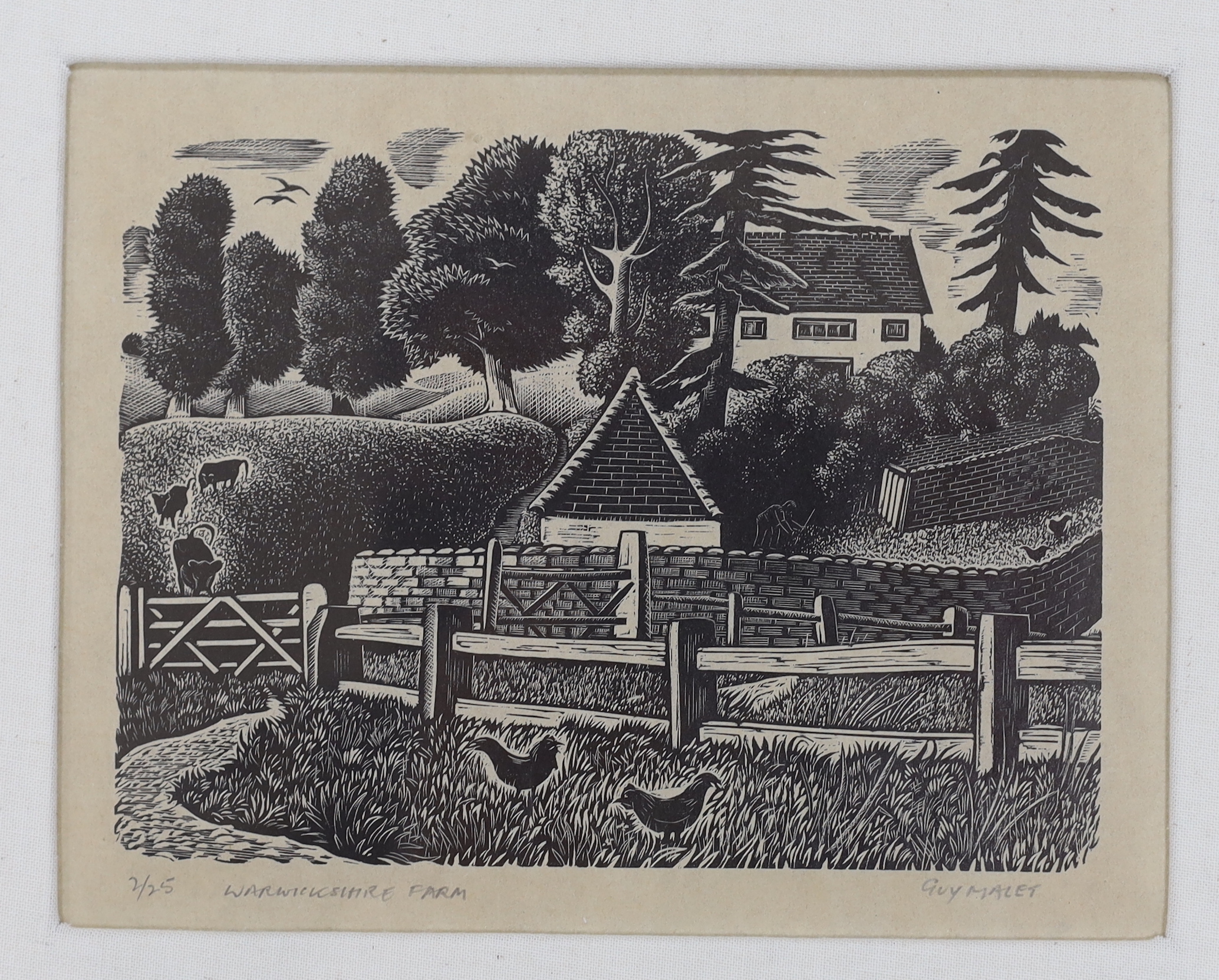 Guy Seymour Warre Malet (1900-1973), woodcut, ‘Warwickshire farm’, signed in pencil, limited edition 2/25, 13 x 17cm